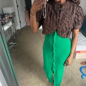 Brown Textured Cropped Jacket with Green Button-Up Skirt Set